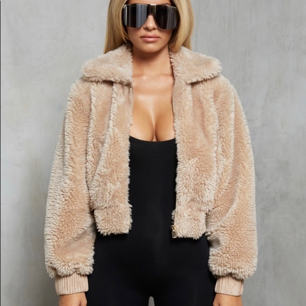 Oh Polly Beige Teddy Cropped Jacket